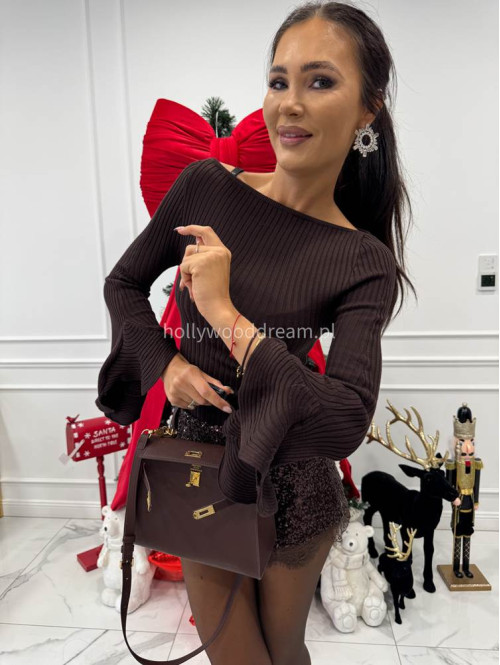 Brązowa bluzka prążkowana z falbanami przy rękawach BELLA 09 - photo #3