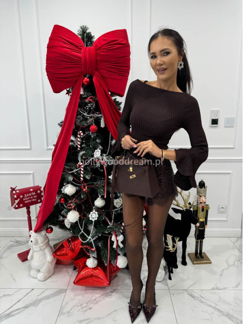 Brązowa bluzka prążkowana z falbanami przy rękawach BELLA 09 - photo #5