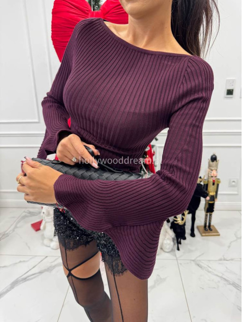 Śliwkowa bluzka prążkowana z falbanami przy rękawach BELLA 09 - photo #7