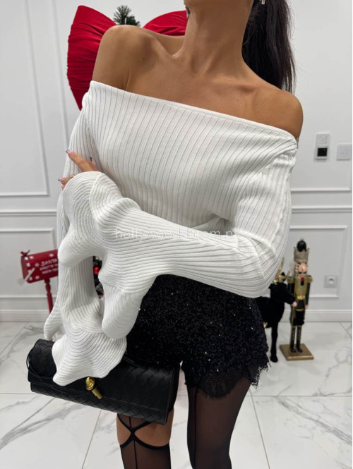 Kremowa bluzka prążkowana z falbanami przy rękawach BELLA 09 - photo #1