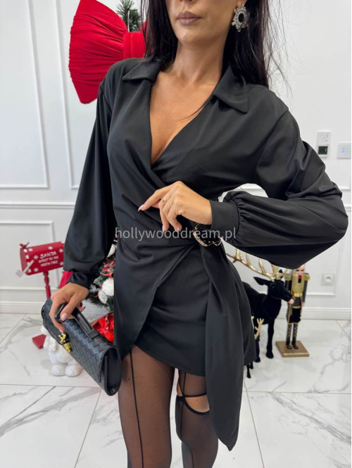 Czarna sukienka mini kopertowa z kołnierzykiem Avril 26 - photo #6