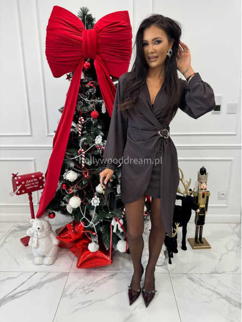 Brązowa sukienka mini kopertowa z kołnierzykiem Avril 26 - photo #1