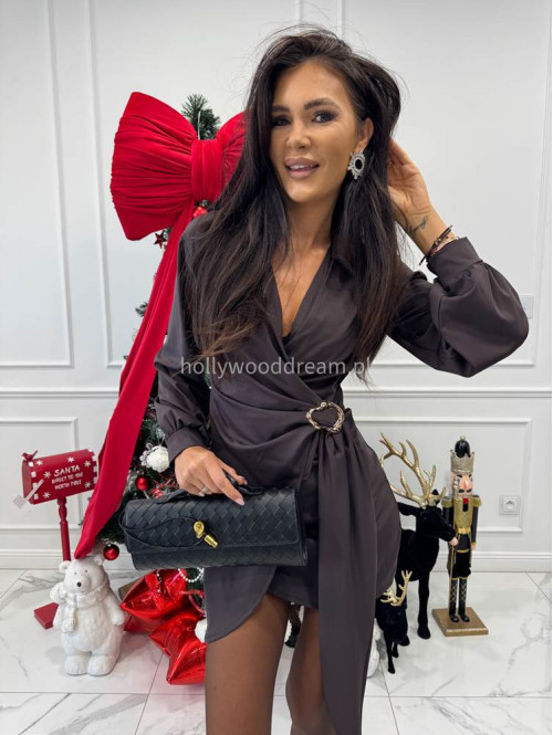 Brązowa sukienka mini kopertowa z kołnierzykiem Avril 26 - photo #5