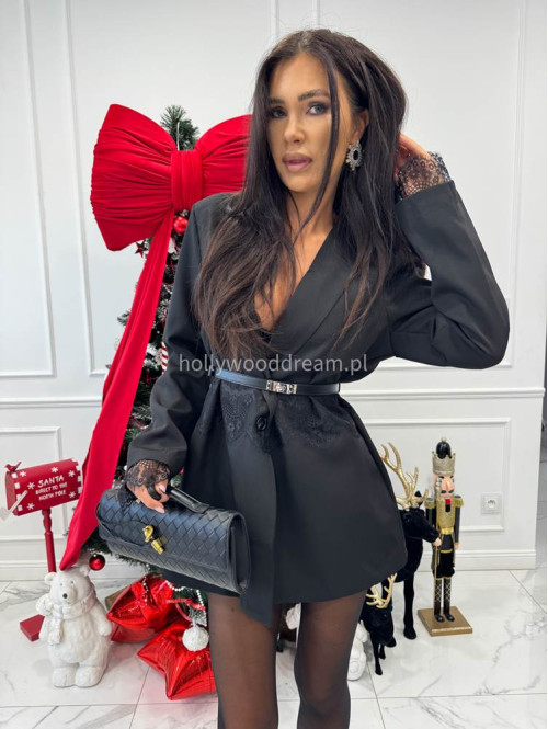 Czarna marynarka oversize z koronką w talii i na rękawach SIENNA 17 - photo #4