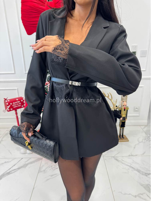 Czarna marynarka oversize z koronką w talii i na rękawach SIENNA 17 - photo #6