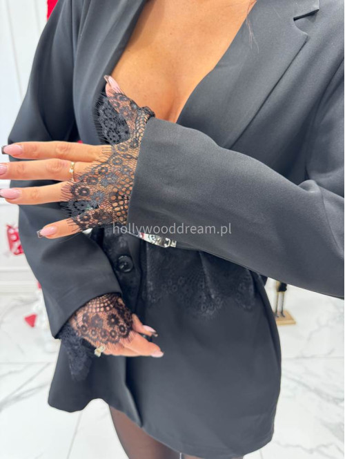 Czarna marynarka oversize z koronką w talii i na rękawach SIENNA 17 - photo #7