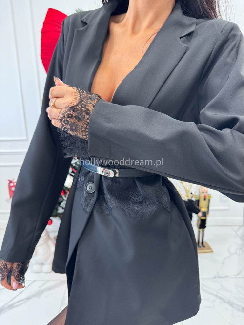 Czarna marynarka oversize z koronką w talii i na rękawach SIENNA 17 - photo #8