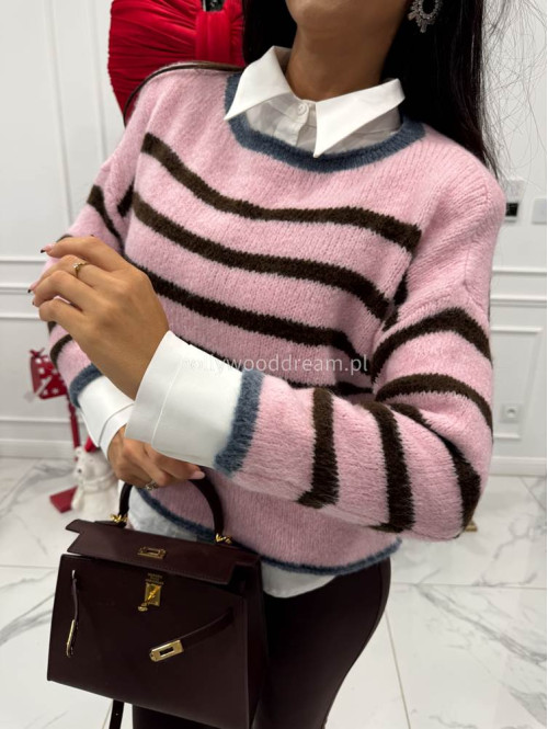 Pudrowo różowy sweter w czekoladowe paski z niebieską lamówką Cortez 06 - photo #2