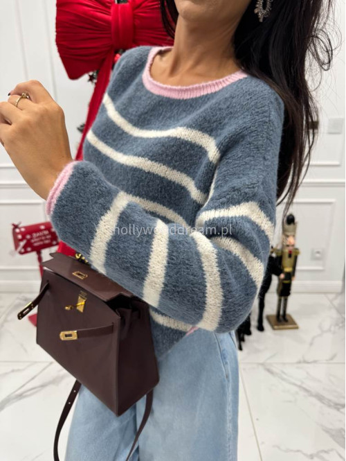 Niebieski sweter w kremowe paski z różową lamówką Cortez 06 - photo #1