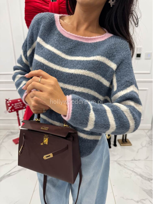 Niebieski sweter w kremowe paski z różową lamówką Cortez 06 - photo #2