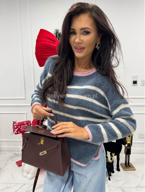 Niebieski sweter w kremowe paski z różową lamówką Cortez 06 - photo #3