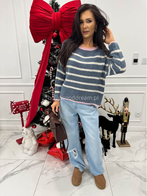 Niebieski sweter w kremowe paski z różową lamówką Cortez 06 - photo #5