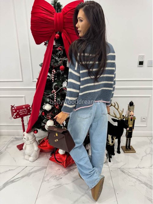 Niebieski sweter w kremowe paski z różową lamówką Cortez 06 - photo #7