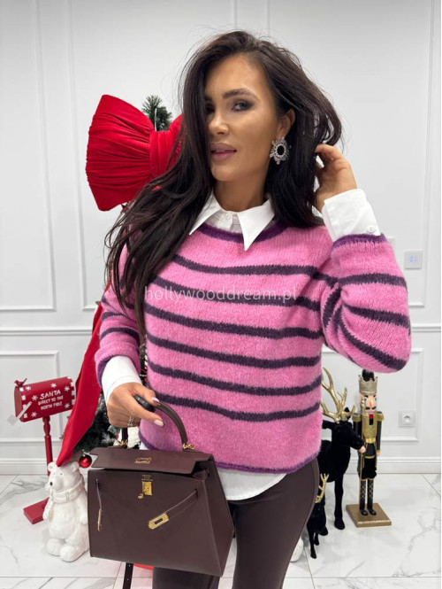 Różowy sweter w czekoladowe paski z fioletową lamówką Cortez 06 - photo #6