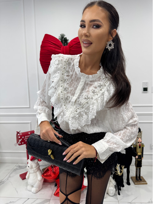 Biała koszula transparentna zdobiona cyrkoniami i srebrną nitką Celia 17