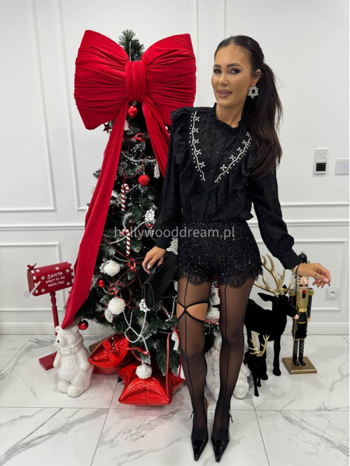 Czarna koszula transparentna zdobiona cyrkoniami i srebrną nitką Celia 17 - photo #2