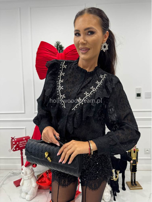 Czarna koszula transparentna zdobiona cyrkoniami i srebrną nitką Celia 17 - photo #4