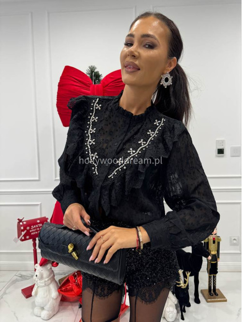 Czarna koszula transparentna zdobiona cyrkoniami i srebrną nitką Celia 17 - photo #5