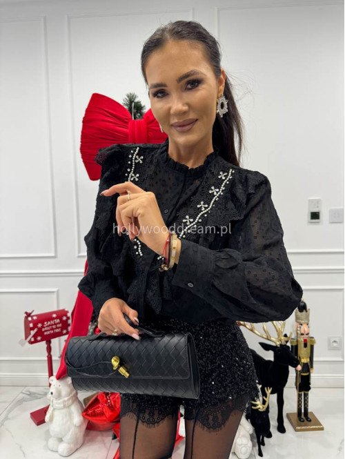 Czarna koszula transparentna zdobiona cyrkoniami i srebrną nitką Celia 17 - photo #6