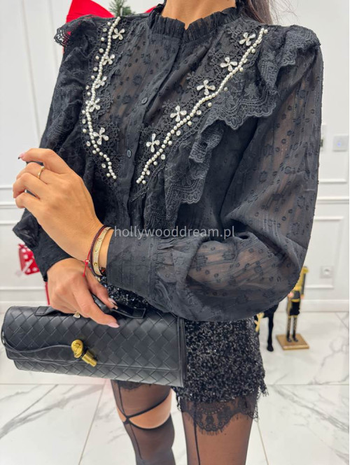 Czarna koszula transparentna zdobiona cyrkoniami i srebrną nitką Celia 17 - photo #7
