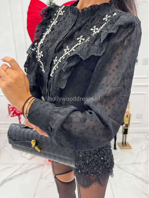 Czarna koszula transparentna zdobiona cyrkoniami i srebrną nitką Celia 17 - photo #8
