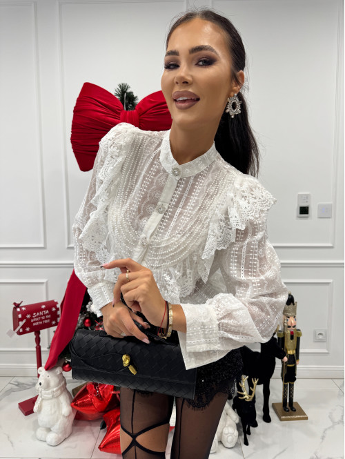 Biała koszula transparentna zdobiona koralikami i haftem Class 17