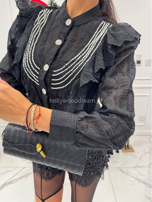 Czarna koszula transparentna zdobiona koralikami i haftem Class 17 - photo #2