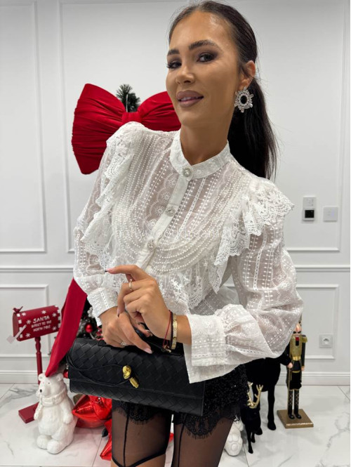 Biała koszula transparentna zdobiona koralikami i haftem Class 17 - photo #5