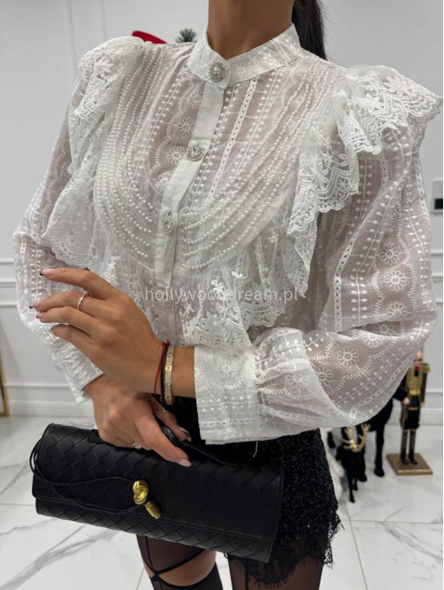 Biała koszula transparentna zdobiona koralikami i haftem Class 17 - photo #6