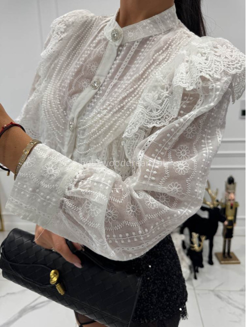 Biała koszula transparentna zdobiona koralikami i haftem Class 17 - photo #7