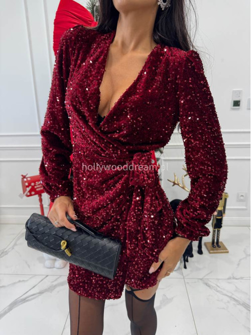 Czerwona sukienka mini w cekiny wiązana po boku ALESSA 26 - photo #2