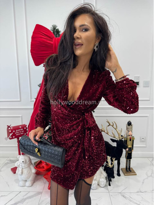 Czerwona sukienka mini w cekiny wiązana po boku ALESSA 26 - photo #5