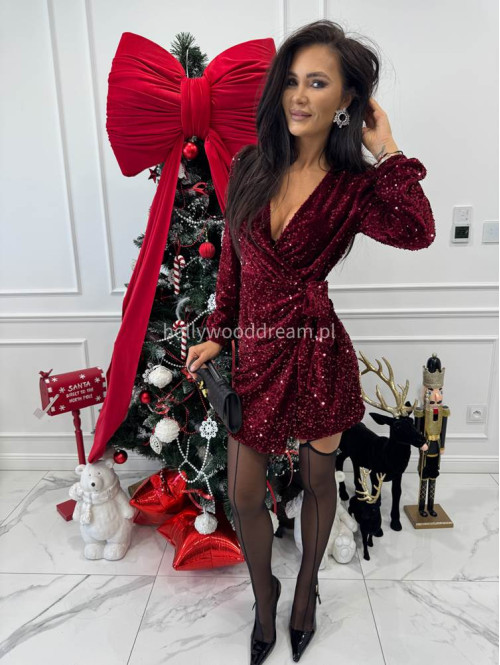 Czerwona sukienka mini w cekiny wiązana po boku ALESSA 26 - photo #7