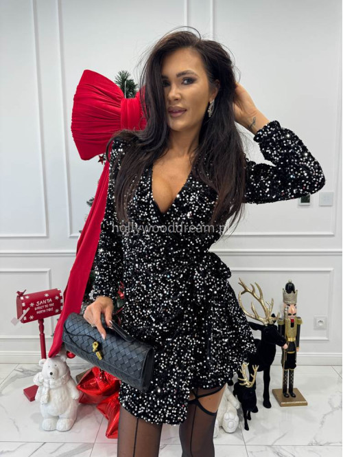 Czarna sukienka mini w srebrne cekiny wiązana po boku ALESSA 26 - photo #6