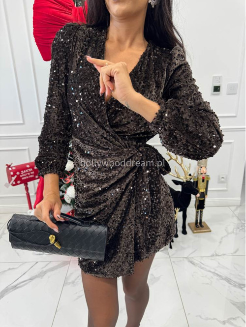 Brązowa sukienka mini w cekiny wiązana po boku ALESSA 26 - photo #2