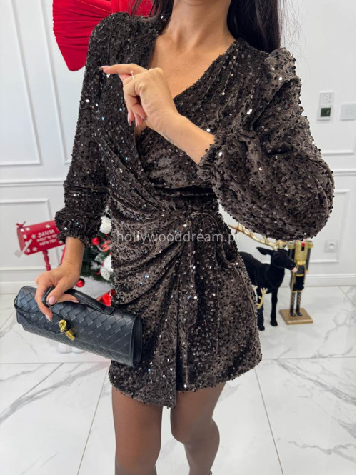 Brązowa sukienka mini w cekiny wiązana po boku ALESSA 26 - photo #4