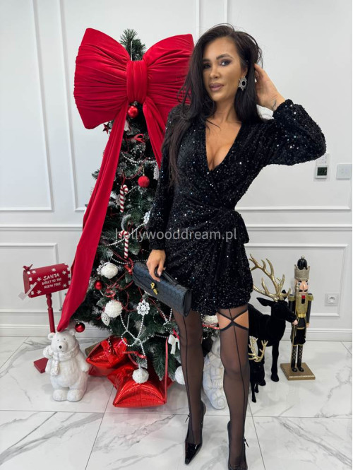 Czarna sukienka mini w czarne cekiny wiązana po boku ALESSA 26 - photo #2