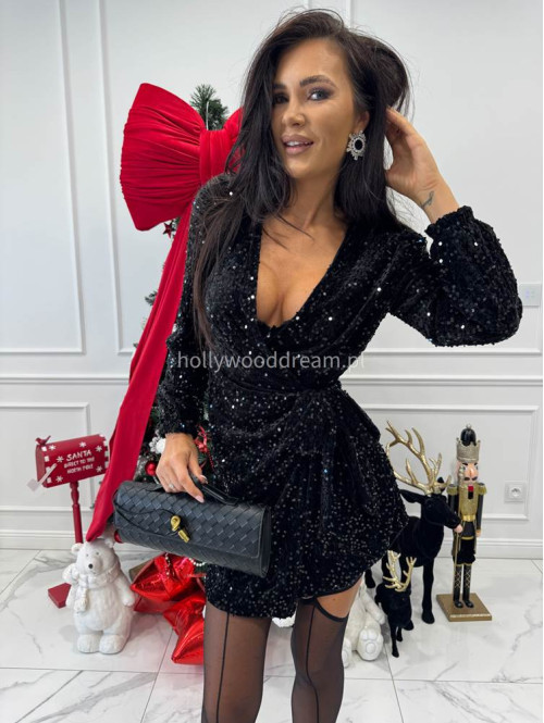 Czarna sukienka mini w czarne cekiny wiązana po boku ALESSA 26 - photo #5