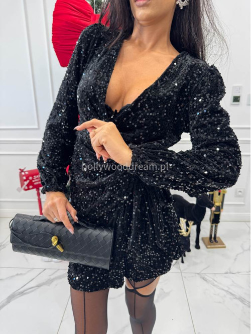 Czarna sukienka mini w czarne cekiny wiązana po boku ALESSA 26 - photo #7