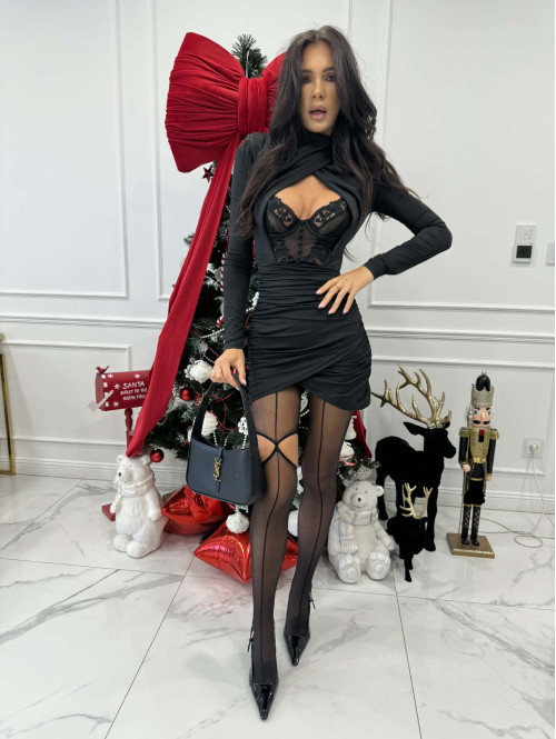 PRE ORDER Czarna sukienka mini dopasowana z wycięciem na biuście SOPHIA 89 - photo #3