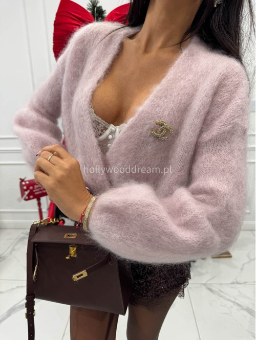 Jasno różowy sweter moherowy zapinany na jeden guzik FLUFFY 52 - photo #6