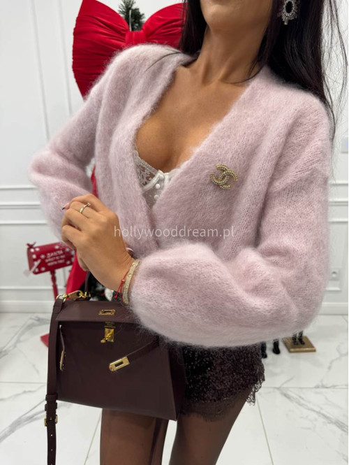 Jasno różowy sweter moherowy zapinany na jeden guzik FLUFFY 52 - photo #7