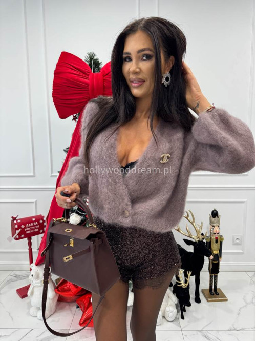 Mokka sweter moherowy zapinany na jeden guzik FLUFFY 52 - photo #4