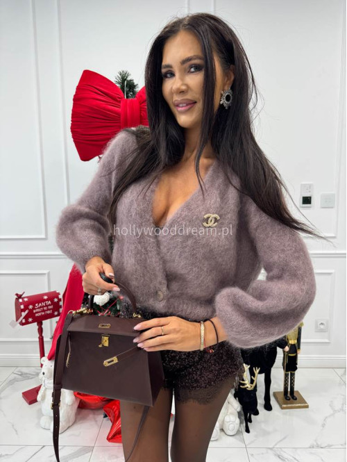 Mokka sweter moherowy zapinany na jeden guzik FLUFFY 52 - photo #6