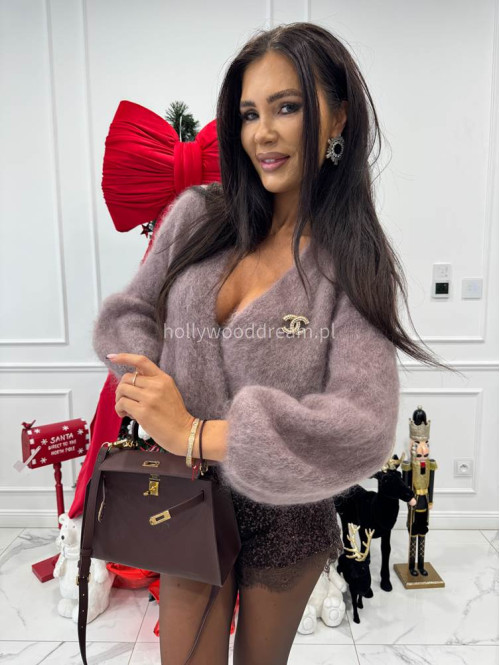 Mokka sweter moherowy zapinany na jeden guzik FLUFFY 52 - photo #7