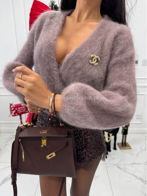 Mokka sweter moherowy zapinany na jeden guzik FLUFFY 52 - photo #8