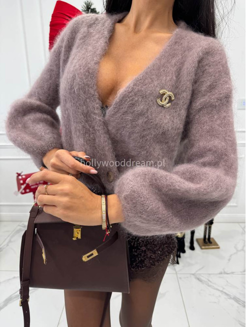 Mokka sweter moherowy zapinany na jeden guzik FLUFFY 52 - photo #9