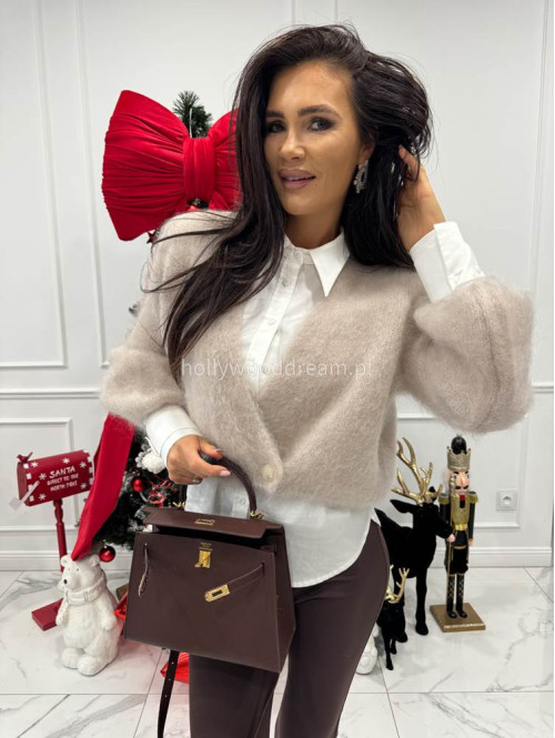 Beżowy sweter moherowy zapinany na jeden guzik FLUFFY 52 - photo #5