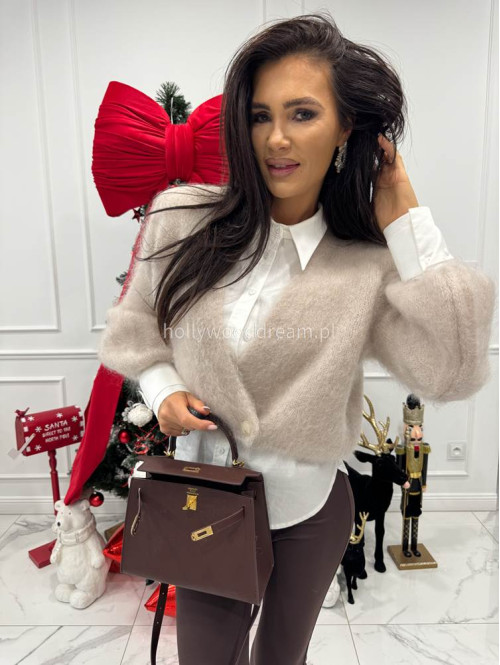 Beżowy sweter moherowy zapinany na jeden guzik FLUFFY 52 - photo #6