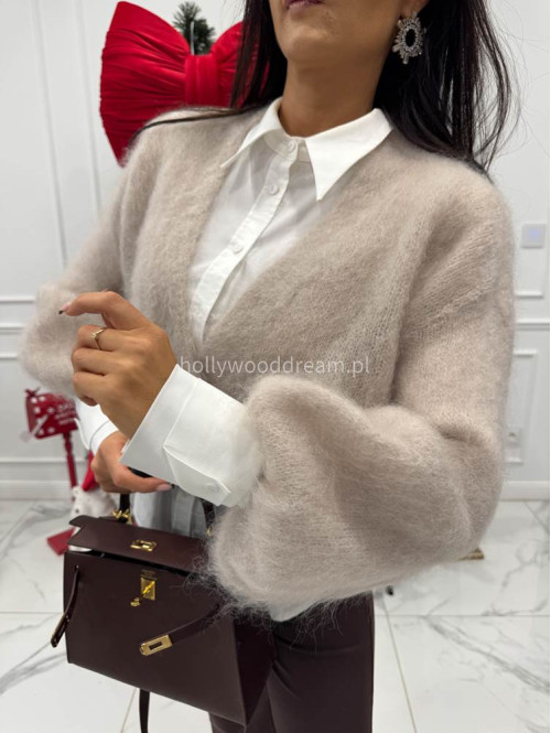 Beżowy sweter moherowy zapinany na jeden guzik FLUFFY 52 - photo #7